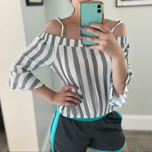 🤍Cold Shoulder Pearl Embellished Gray & White Striped Top